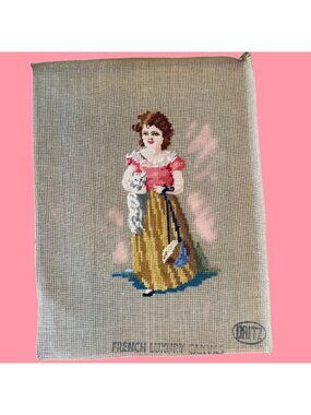 Vintage Dritz Chums Girl With Kitten Preworked Granny Chic Needlepoint Canvas